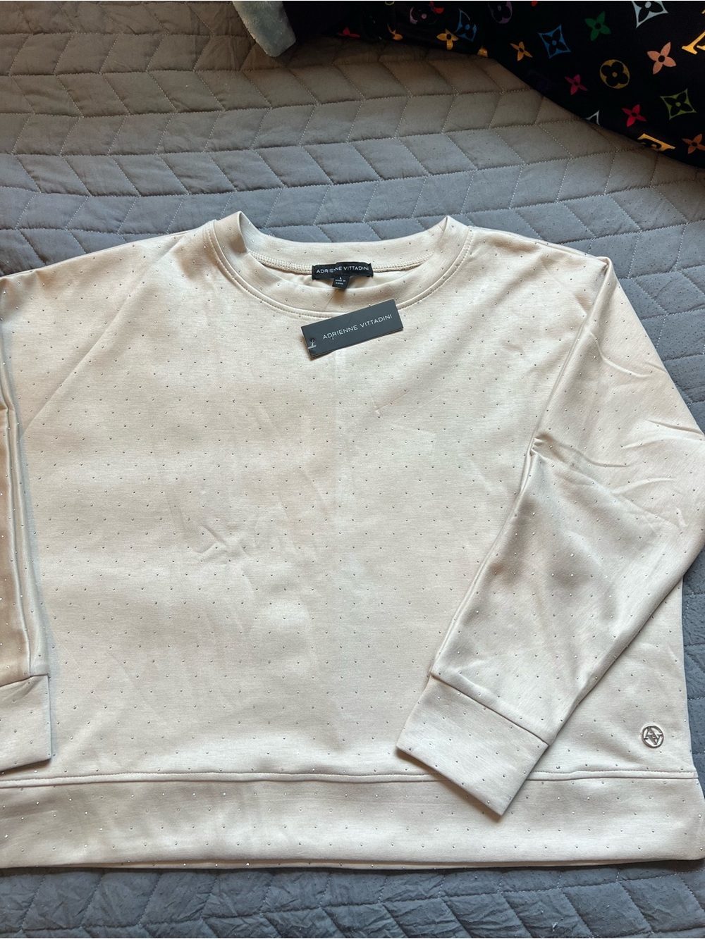 Adrienne Vittadini woman’s Cream Crewneck Sweatshirt with Subtle Dot Texture